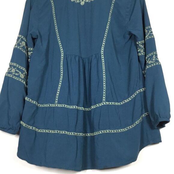 Teal green long sleeve top light sage green embroidery hippie boho XS petite - Picture 5 of 7